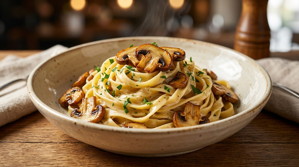 creamy mushroom tagliatelle pasta with garlic and herbs