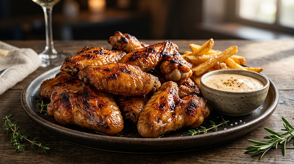 sticky chicken wings served with dipping sauce