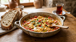 Turkish menemen with eggs, tomatoes and peppers