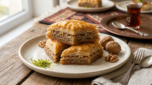 Turkish baklava with crispy layers and walnuts