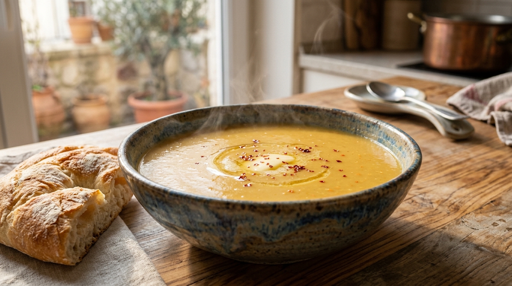 Turkish lentil soup served with bread and spices