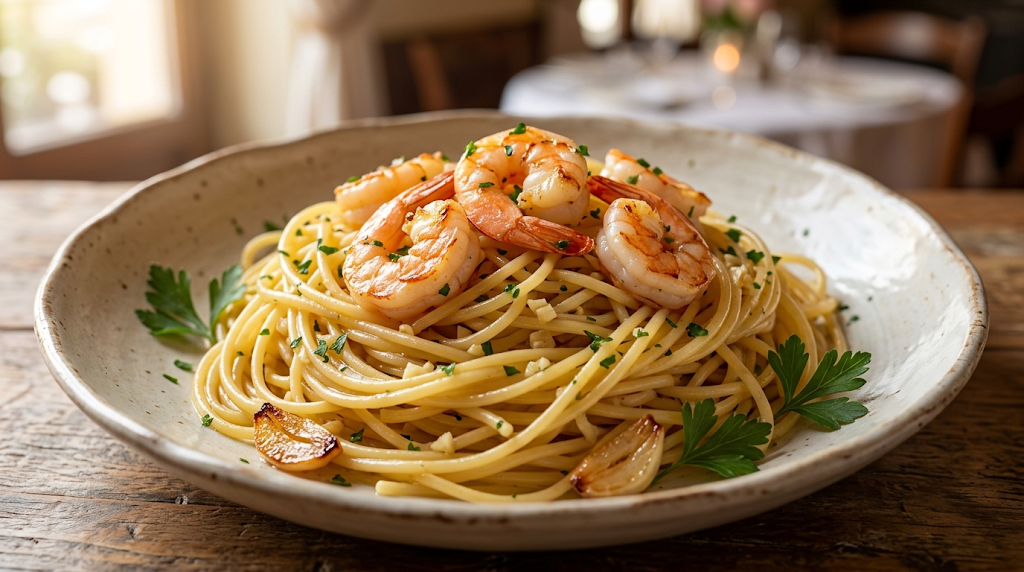 garlic shrimp pasta with spaghetti and herbs